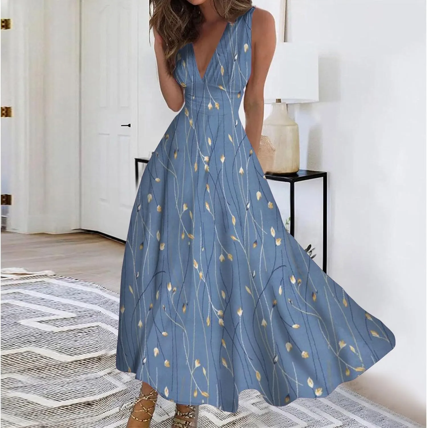 Dresses for Women 2024 Sleeveless Dresses Casual Summer Boho Dress Floral Dressy Tank Dress V Neck Beach Maxi Dress