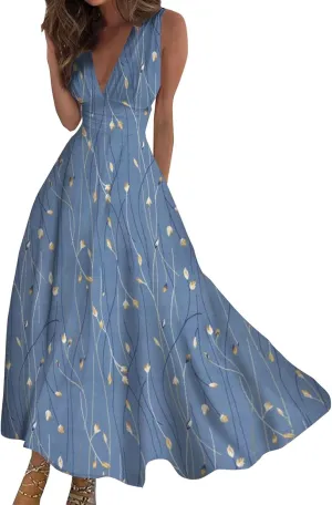 Dresses for Women 2024 Sleeveless Dresses Casual Summer Boho Dress Floral Dressy Tank Dress V Neck Beach Maxi Dress