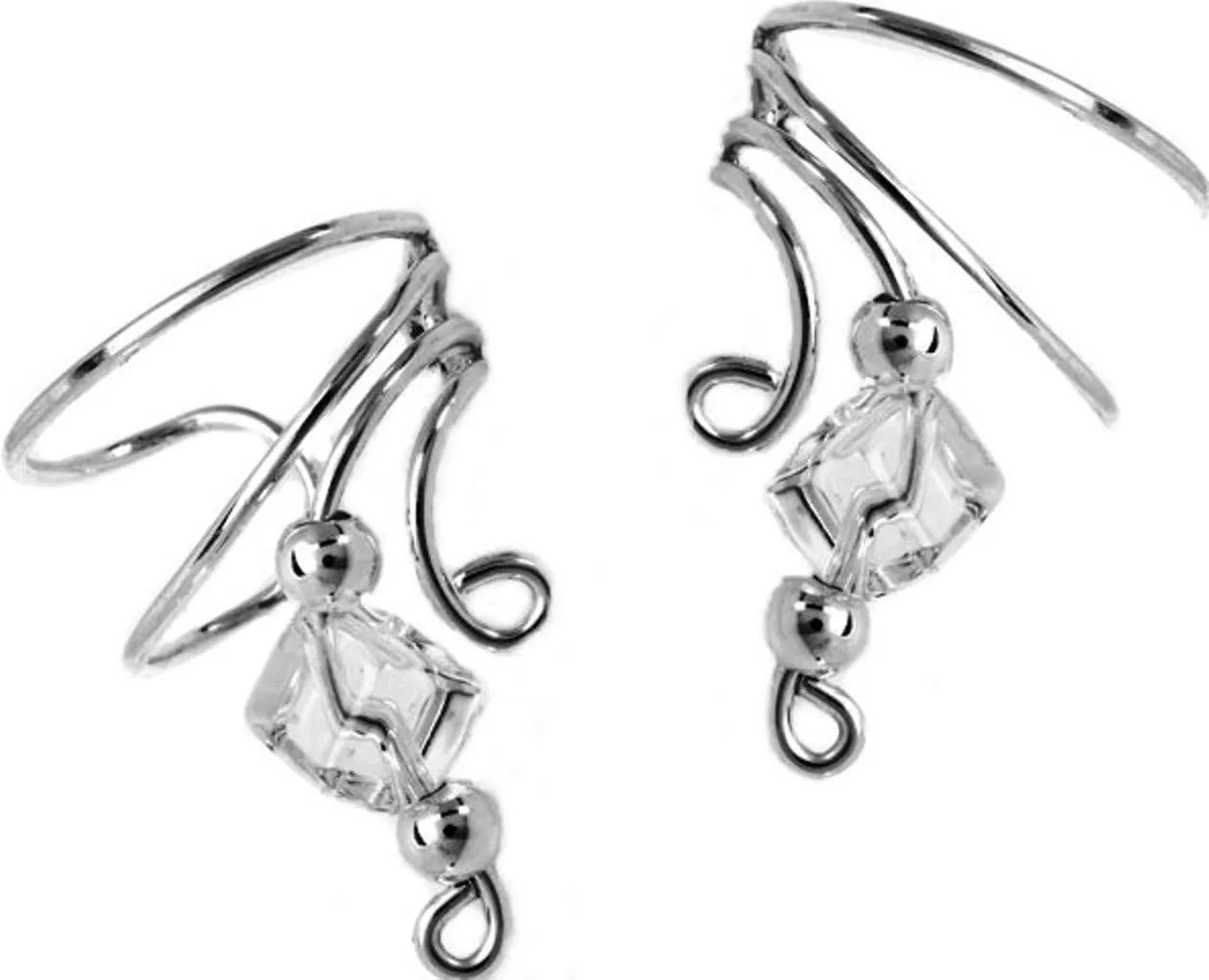 Ear Charms Crystal Cube Beaded Wave Ear Cuff Non-pierced Cartilage Wrap Earring Pair in Sterling Silver