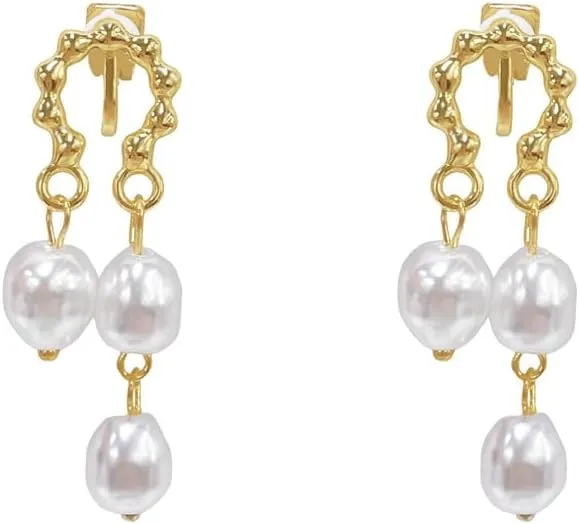Elegant Pearl Dangle Drop Clip-On Earrings for Women Non-pierced Ear Cuff Hypoallergenic Ear Jewelry Dainty Statement Dangling Ear Clips for Wedding Party