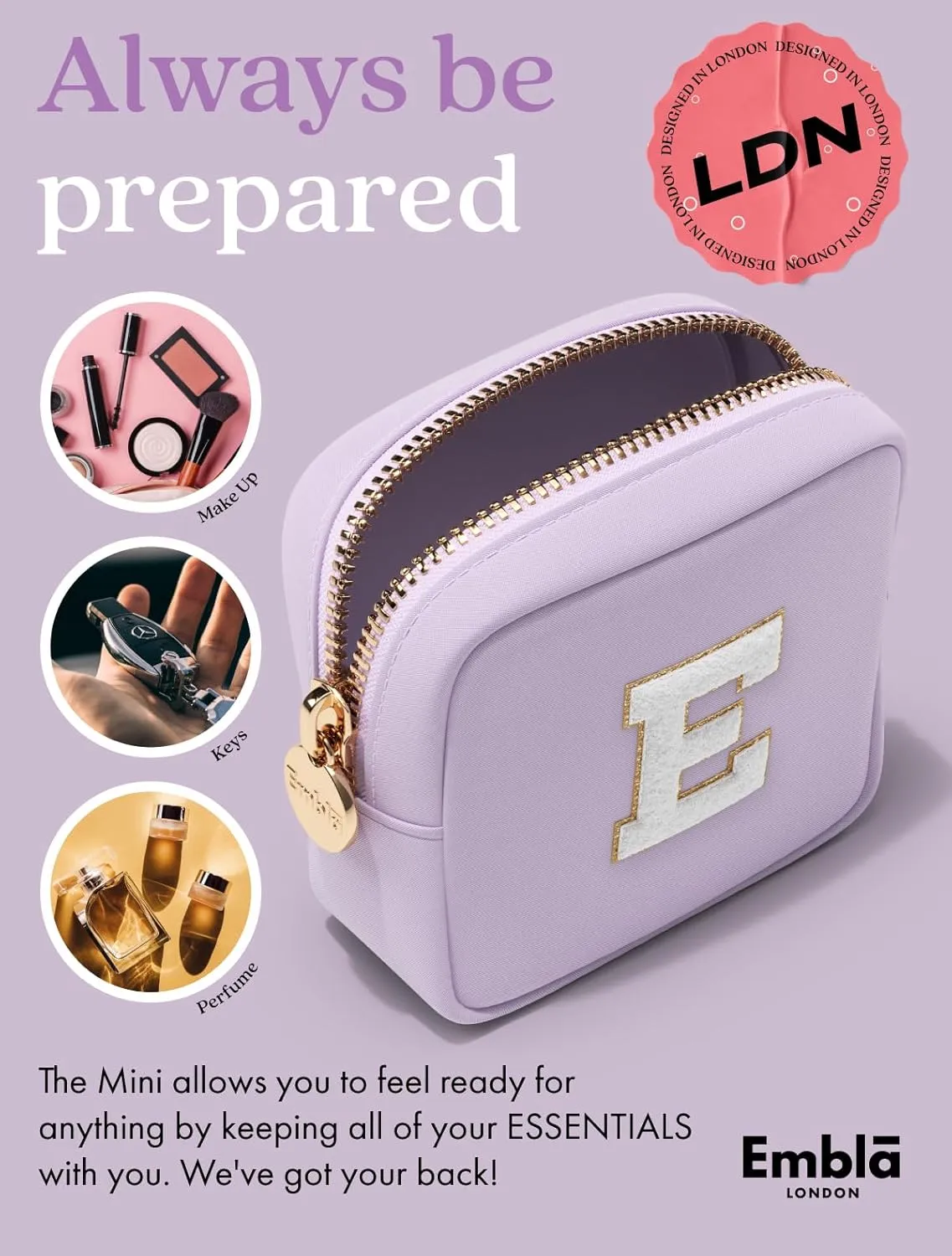 Embla Preppy Makeup Bag Travel Cosmetic Pouch, Cute Make up Case with Personalized Initial, Girls Zipper Pouch Purse Cosmetics Organizer Tote, Waterproof Travel Skincare Makeup Bag, Lilac (Letter F)