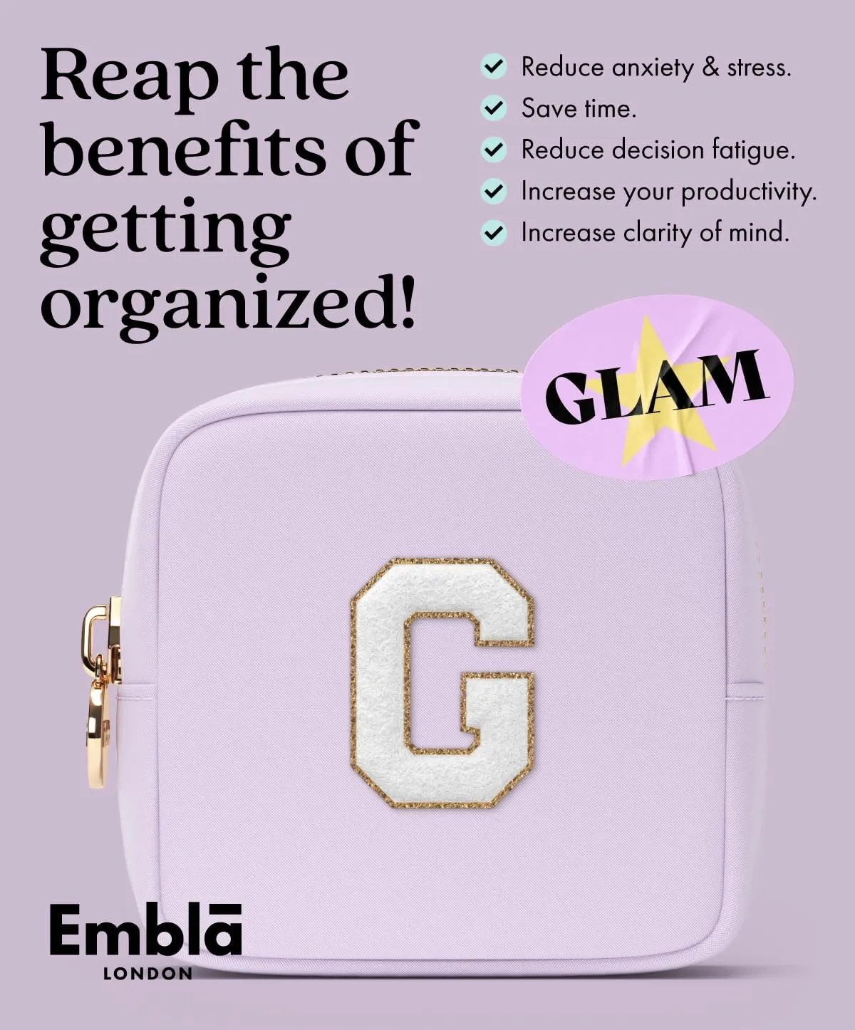 Embla Preppy Makeup Bag Travel Cosmetic Pouch, Cute Make up Case with Personalized Initial, Girls Zipper Pouch Purse Cosmetics Organizer Tote, Waterproof Travel Skincare Makeup Bag, Lilac (Letter F)