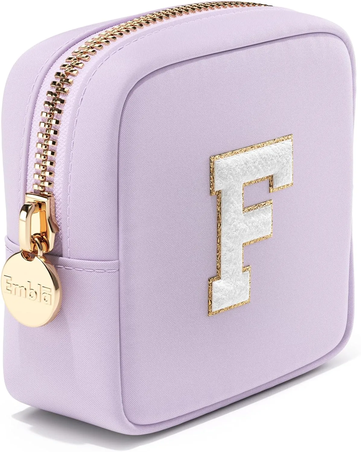 Embla Preppy Makeup Bag Travel Cosmetic Pouch, Cute Make up Case with Personalized Initial, Girls Zipper Pouch Purse Cosmetics Organizer Tote, Waterproof Travel Skincare Makeup Bag, Lilac (Letter F)
