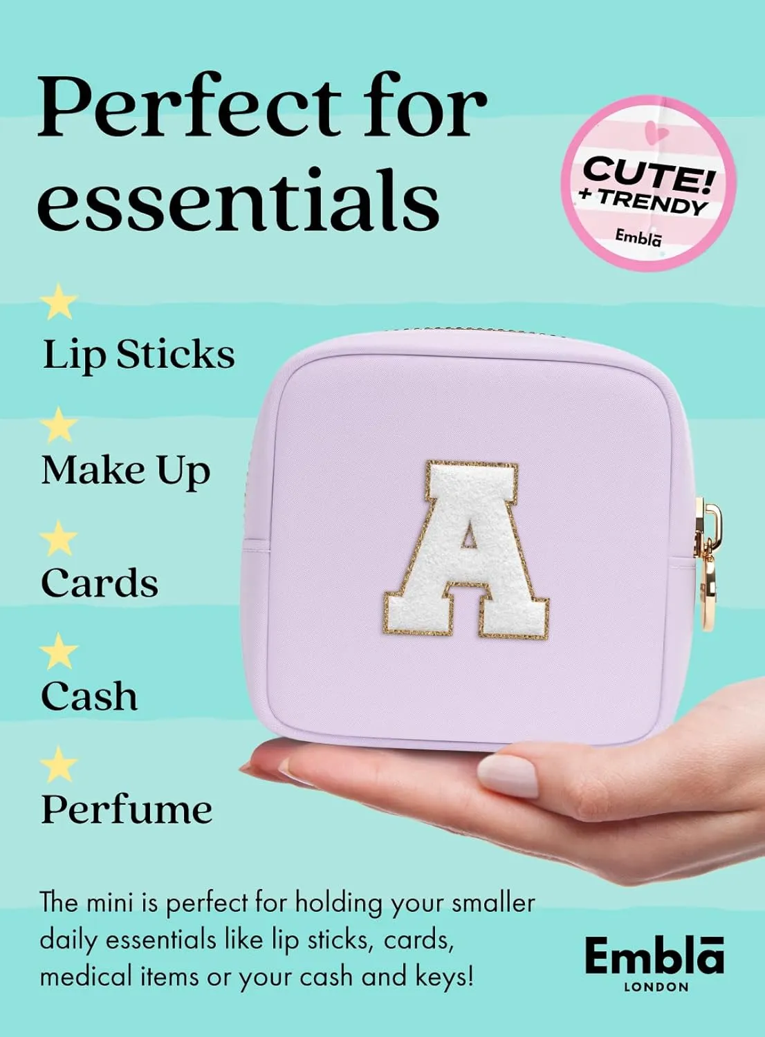Embla Preppy Makeup Bag Travel Cosmetic Pouch, Cute Make up Case with Personalized Initial, Girls Zipper Pouch Purse Cosmetics Organizer Tote, Waterproof Travel Skincare Makeup Bag, Lilac (Letter F)