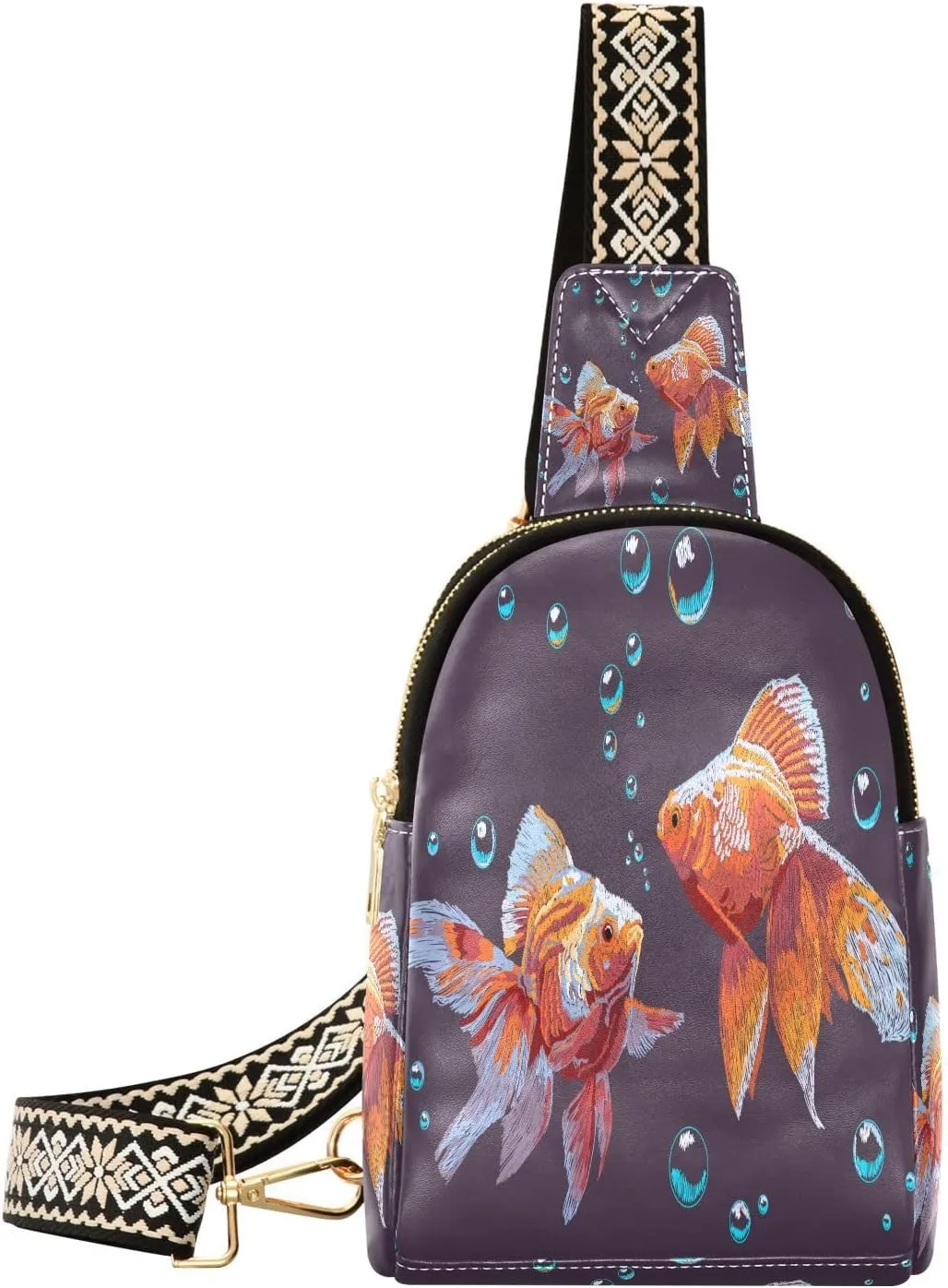 Embroidery Chinese Goldfish Fanny Pack Crossbody PC Leather Small Sling Bag for Women Fashion Waist Packs Chest Bag for Travel Sports Running Hiking