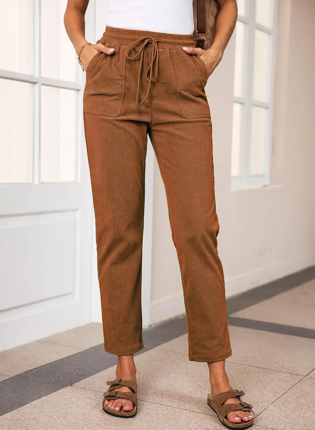 EVALESS Corduroy Pants for Women Casual Drawstring Elastic High Waist Straight Leg Pants Loose Comfy Trousers with Pockets