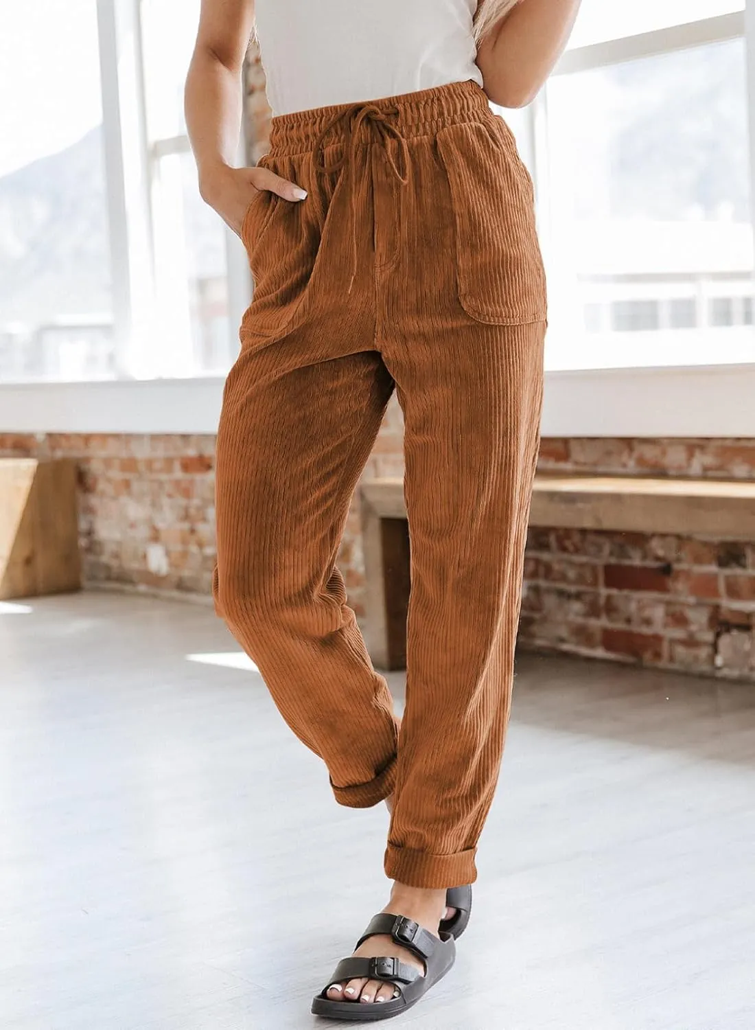 EVALESS Corduroy Pants for Women Casual Drawstring Elastic High Waist Straight Leg Pants Loose Comfy Trousers with Pockets