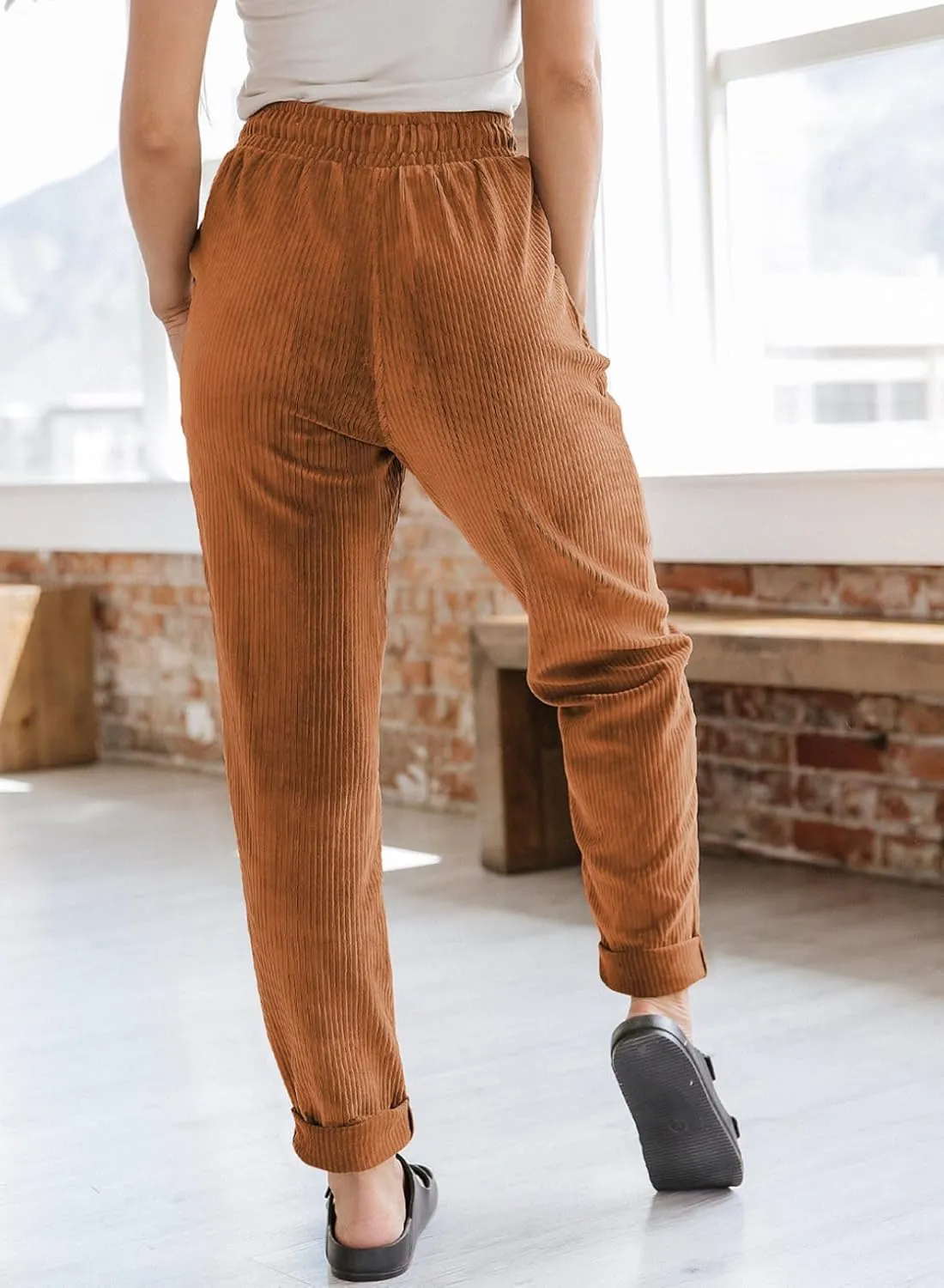 EVALESS Corduroy Pants for Women Casual Drawstring Elastic High Waist Straight Leg Pants Loose Comfy Trousers with Pockets