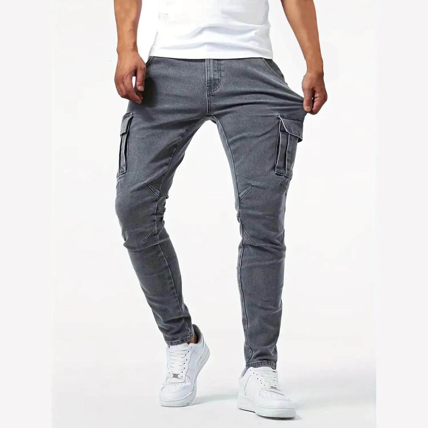 evzosrz Men's Slim Fit Stretch Jeans with Multi Pockets Distressed Straight Leg Fashion Skinny Jeans Comfort Flex Waist Pants