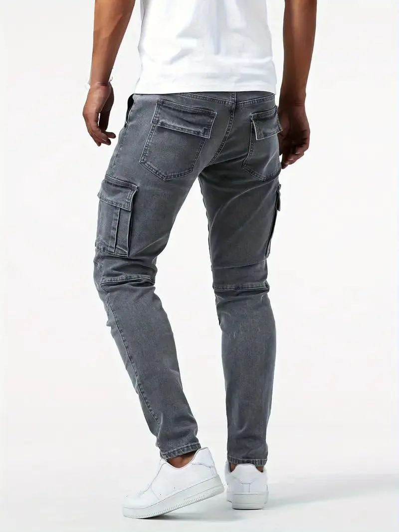 evzosrz Men's Slim Fit Stretch Jeans with Multi Pockets Distressed Straight Leg Fashion Skinny Jeans Comfort Flex Waist Pants