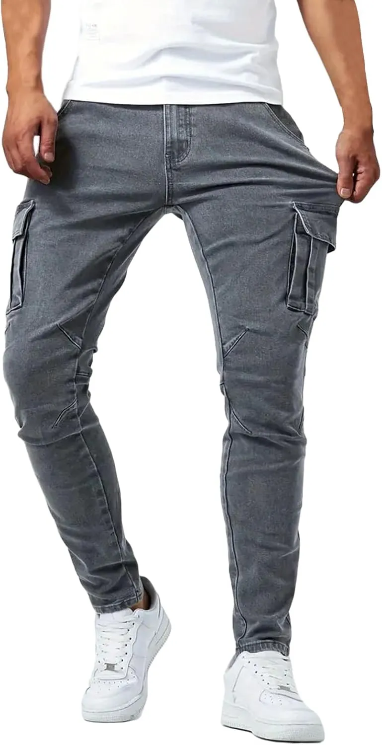 evzosrz Men's Slim Fit Stretch Jeans with Multi Pockets Distressed Straight Leg Fashion Skinny Jeans Comfort Flex Waist Pants