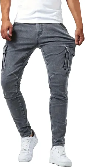 evzosrz Men's Slim Fit Stretch Jeans with Multi Pockets Distressed Straight Leg Fashion Skinny Jeans Comfort Flex Waist Pants