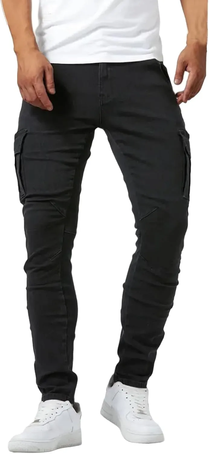 evzosrz Men's Slim Fit Stretch Jeans with Multi Pockets Distressed Straight Leg Fashion Skinny Jeans Comfort Flex Waist Pants