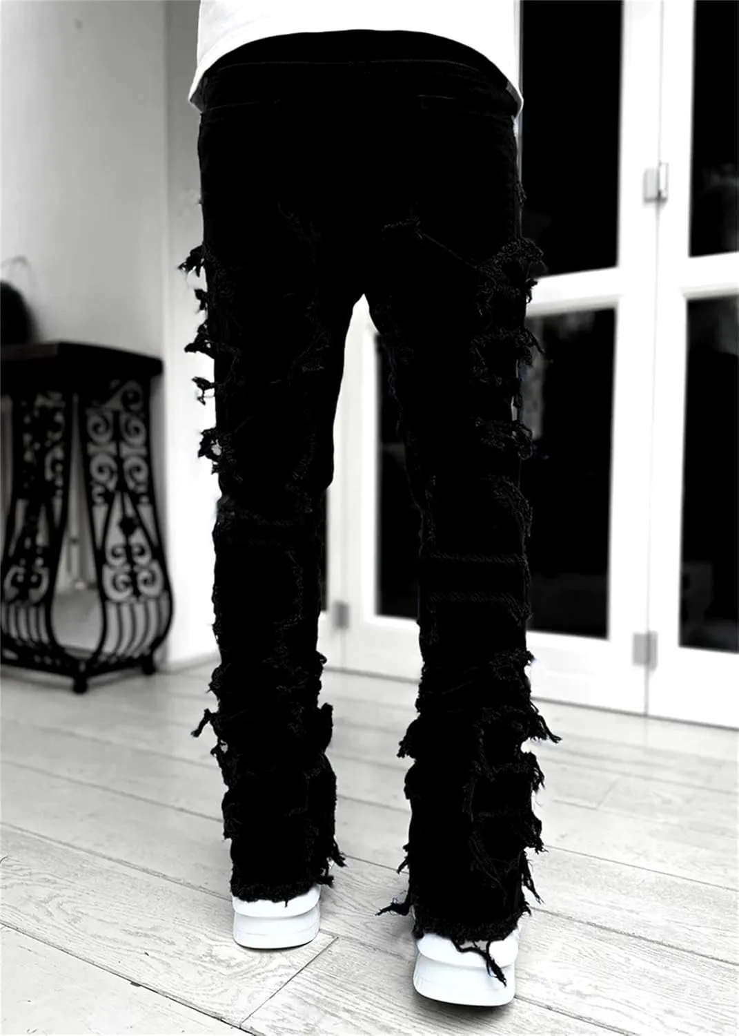 evzosrz Mens Stacked Jeans Frayed Skinny Ripped Jeans Slim Fit Stretch Distressed Destroyed Denim Pants Trousers Streetwear
