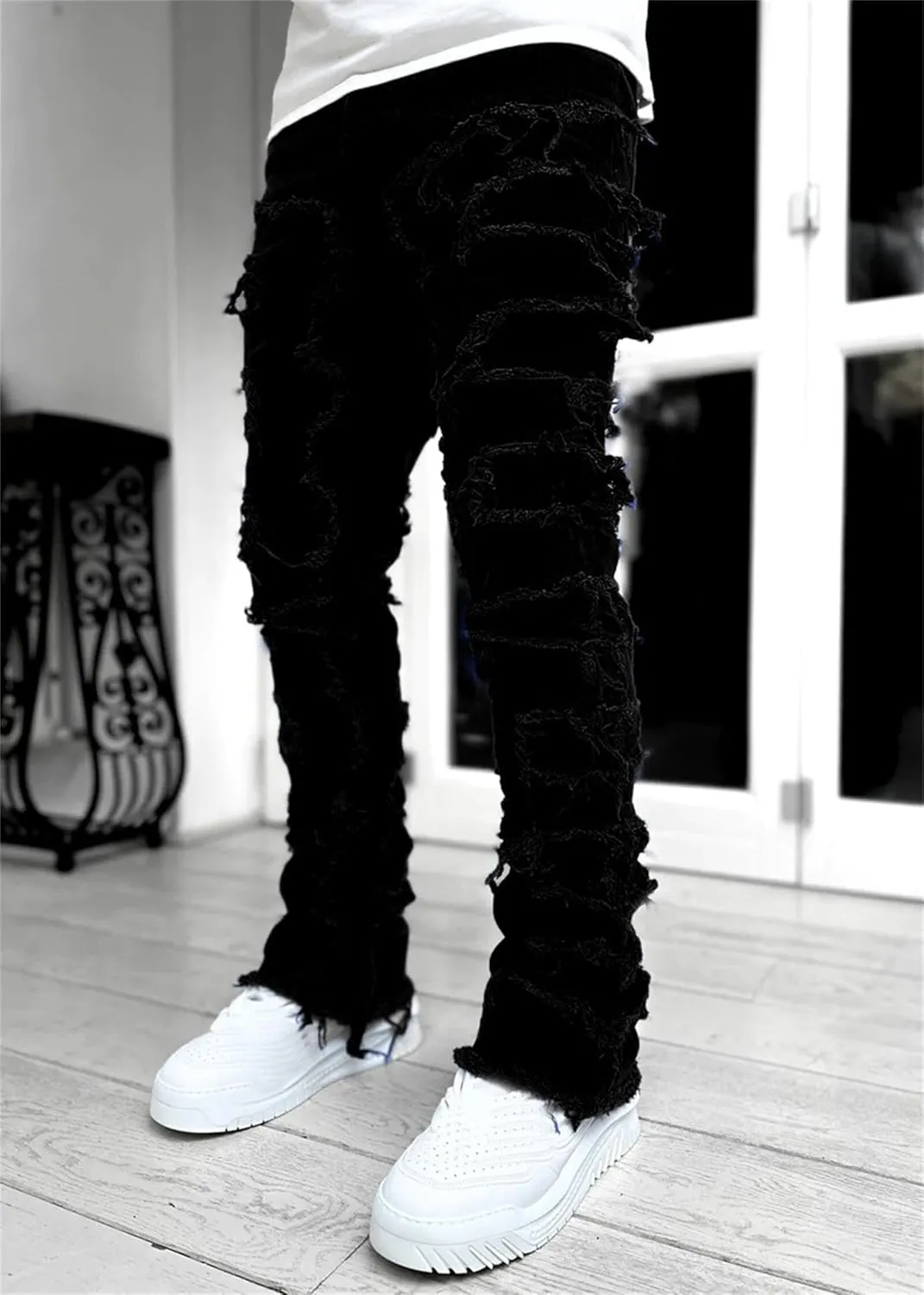 evzosrz Mens Stacked Jeans Frayed Skinny Ripped Jeans Slim Fit Stretch Distressed Destroyed Denim Pants Trousers Streetwear