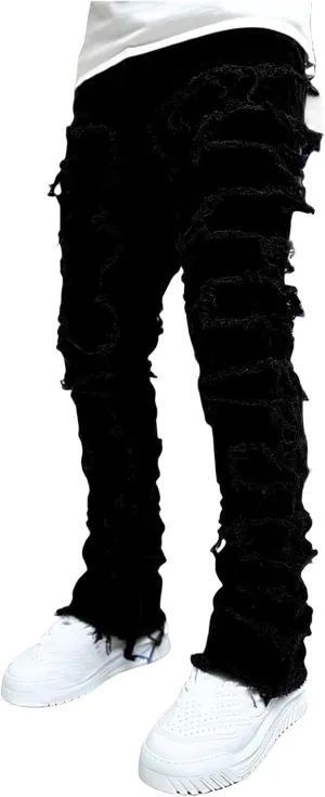evzosrz Mens Stacked Jeans Frayed Skinny Ripped Jeans Slim Fit Stretch Distressed Destroyed Denim Pants Trousers Streetwear