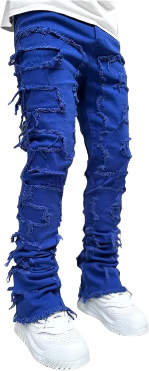 evzosrz Mens Stacked Jeans Frayed Skinny Ripped Jeans Slim Fit Stretch Distressed Destroyed Denim Pants Trousers Streetwear
