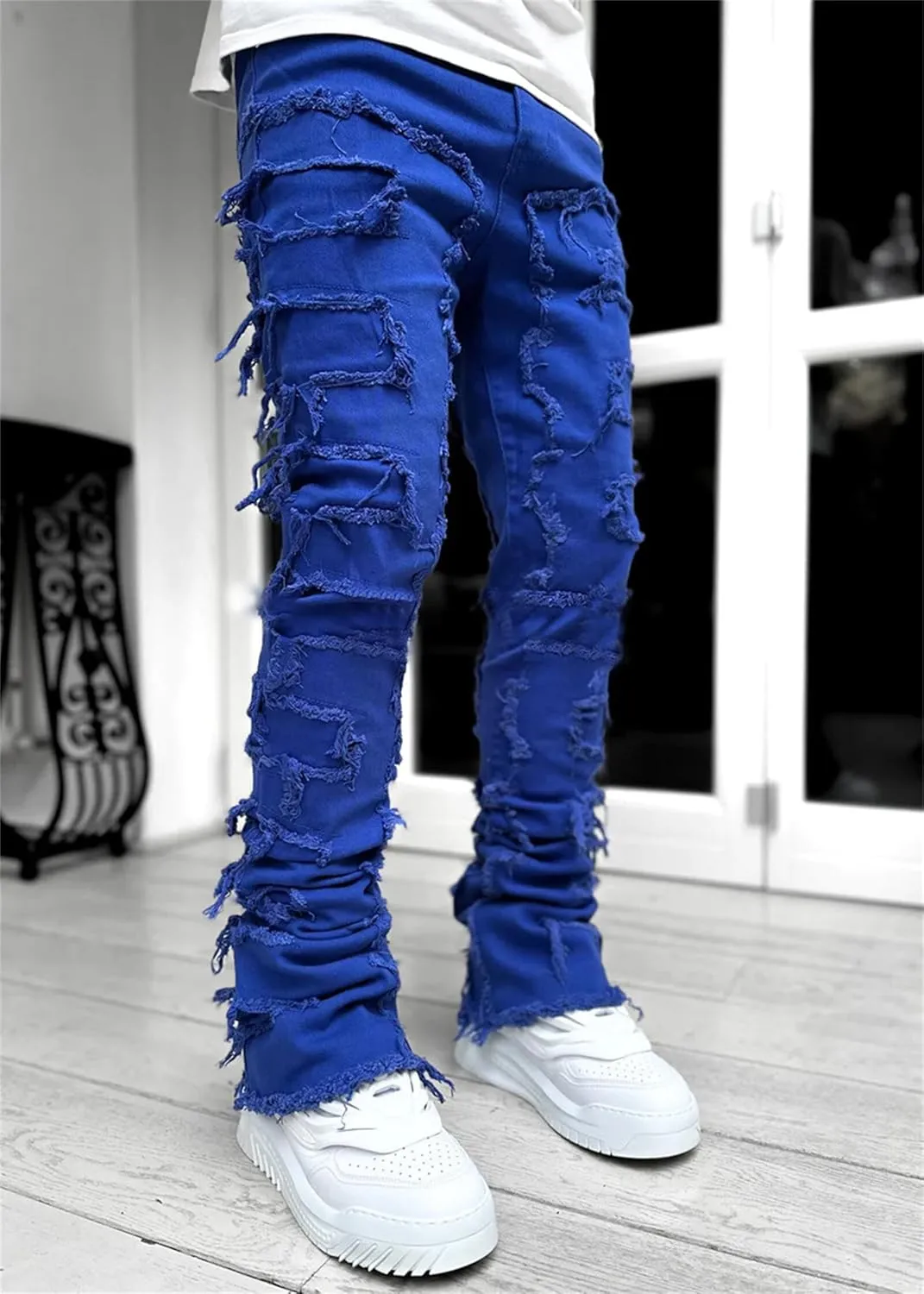 evzosrz Mens Stacked Jeans Frayed Skinny Ripped Jeans Slim Fit Stretch Distressed Destroyed Denim Pants Trousers Streetwear