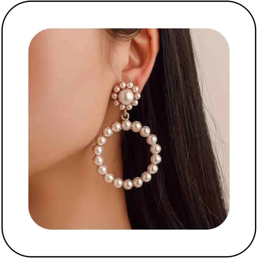 Exaggerated Gold Pearl Dangle Hoop Earrings Round Pearl Circle Earrings Circle Pearl Earrings Large Pearl Geometric Statement Earrings Wedding Earrings for Women