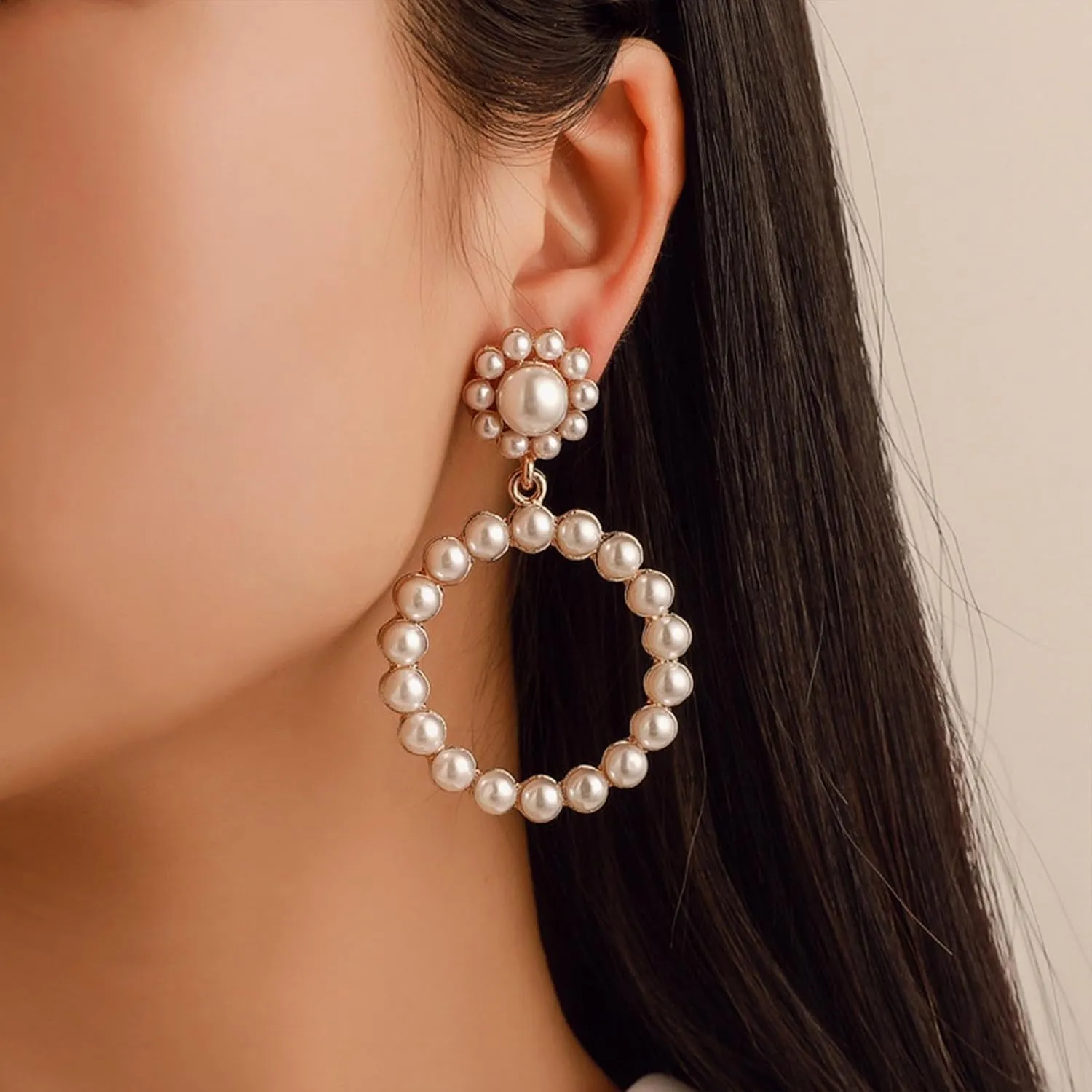 Exaggerated Gold Pearl Dangle Hoop Earrings Round Pearl Circle Earrings Circle Pearl Earrings Large Pearl Geometric Statement Earrings Wedding Earrings for Women