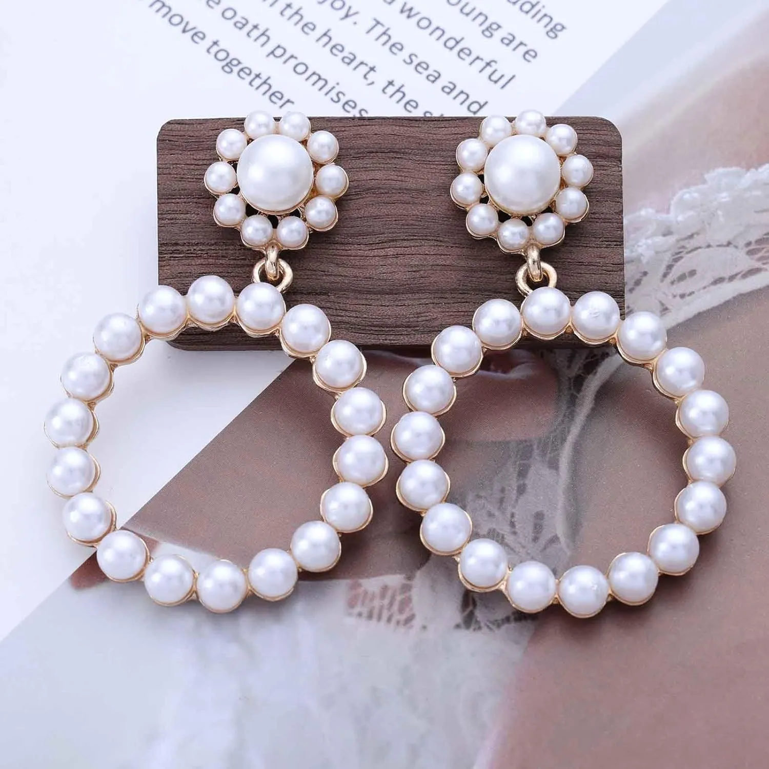 Exaggerated Gold Pearl Dangle Hoop Earrings Round Pearl Circle Earrings Circle Pearl Earrings Large Pearl Geometric Statement Earrings Wedding Earrings for Women