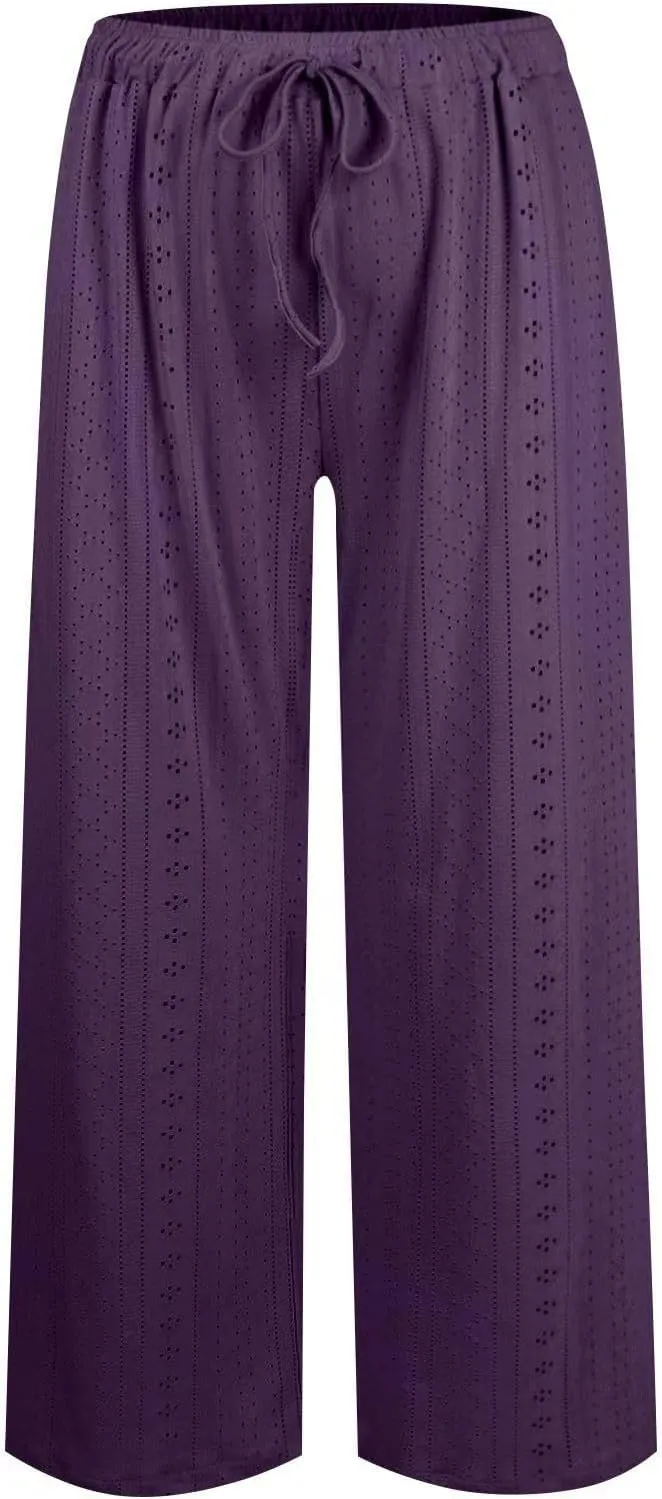 Eyelet Embroidered Pants for Women Wide Leg Casual Summer Pant Drawstring Elastic Waist Palazzo Lounge Trousers