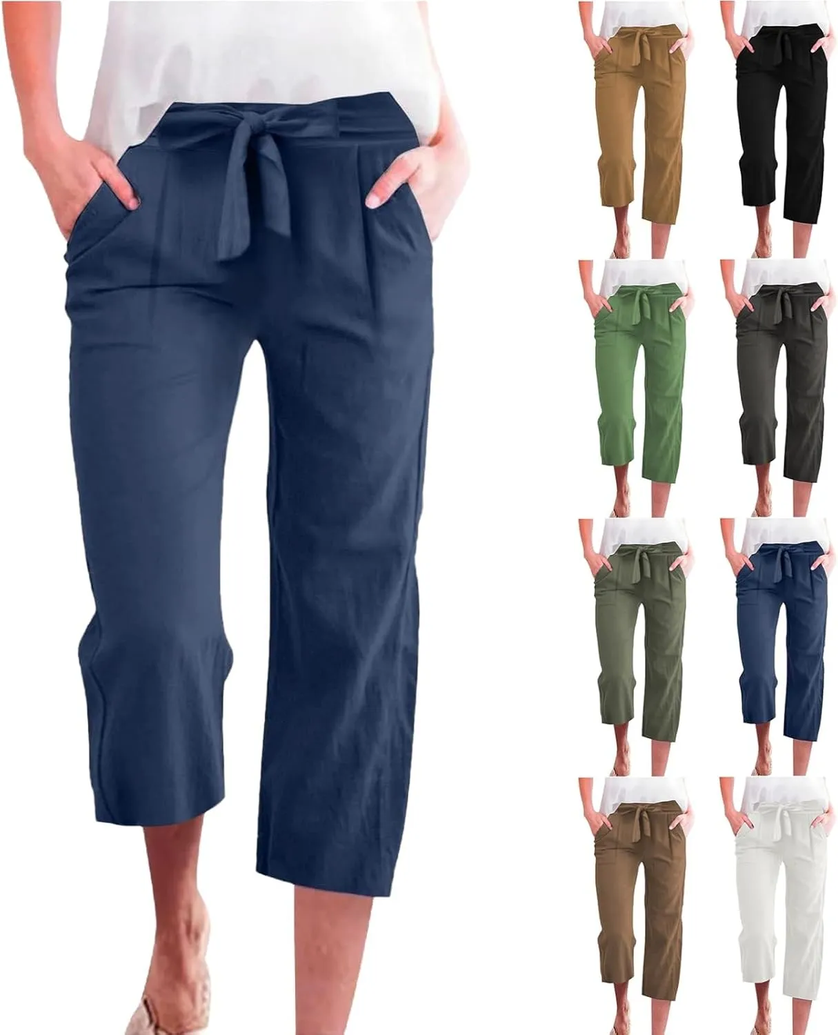 fanmpghleoo Cropped Linen Pants Women Summer Dressy Casual Plus Size Capris with Pockets Tie Drawstring Wide Leg Linen Pants