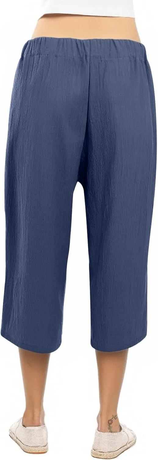 fanmpghleoo Cropped Linen Pants Women Summer Dressy Casual Plus Size Capris with Pockets Tie Drawstring Wide Leg Linen Pants