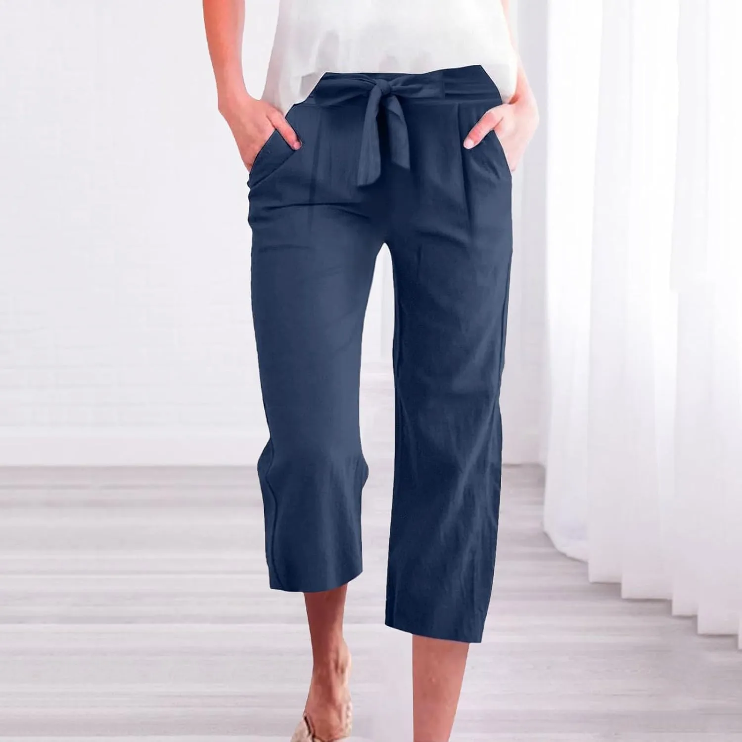 fanmpghleoo Cropped Linen Pants Women Summer Dressy Casual Plus Size Capris with Pockets Tie Drawstring Wide Leg Linen Pants