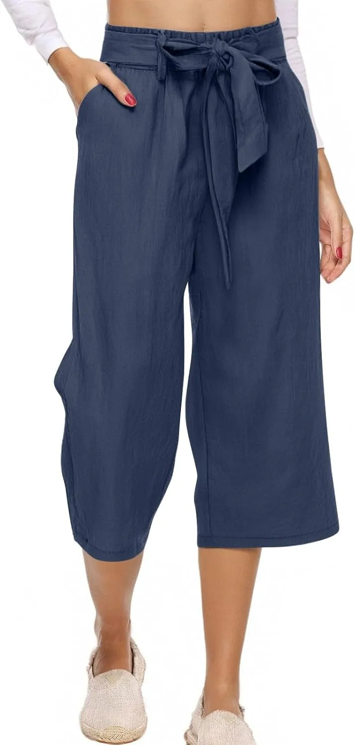fanmpghleoo Cropped Linen Pants Women Summer Dressy Casual Plus Size Capris with Pockets Tie Drawstring Wide Leg Linen Pants