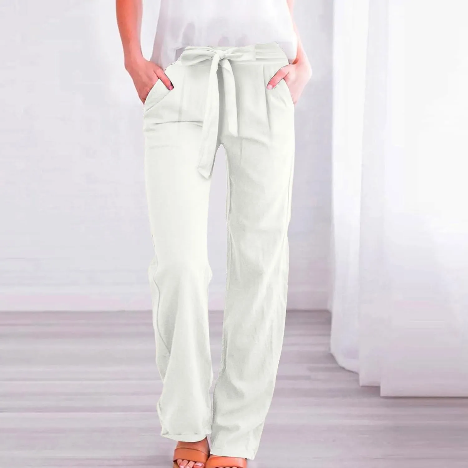 fanmpghleoo Linen Pants Women Summer Adjustable Tie Knot Straight Leg Trouser High Rise Lightweight Beach Pants with Pockets