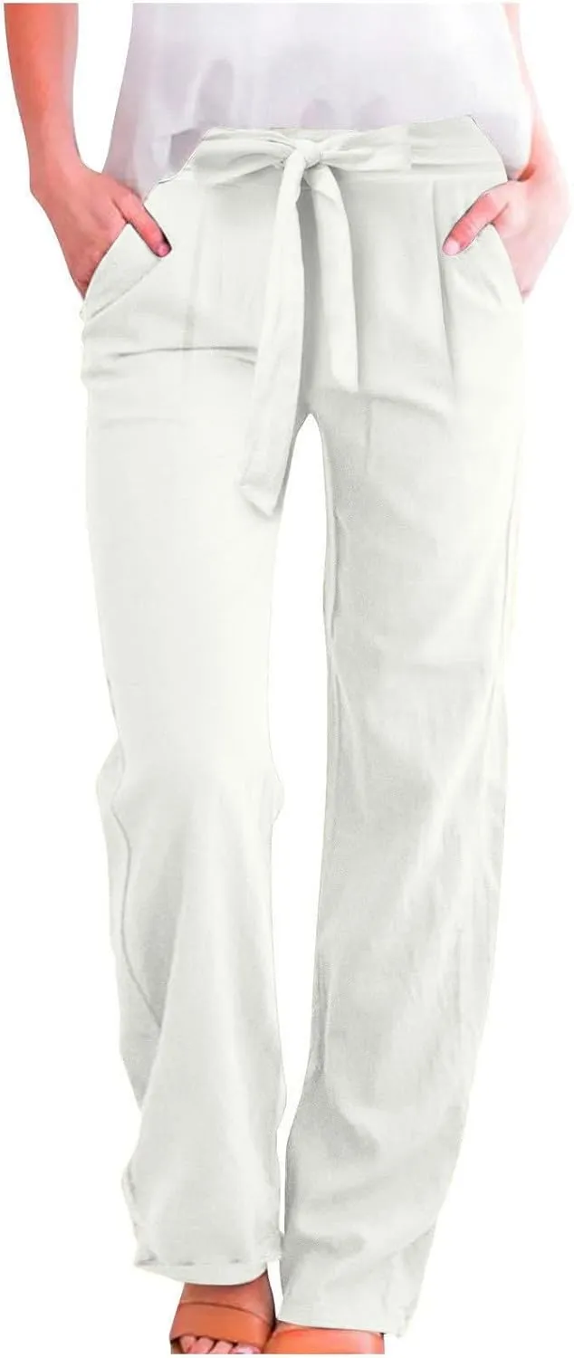 fanmpghleoo Linen Pants Women Summer Adjustable Tie Knot Straight Leg Trouser High Rise Lightweight Beach Pants with Pockets