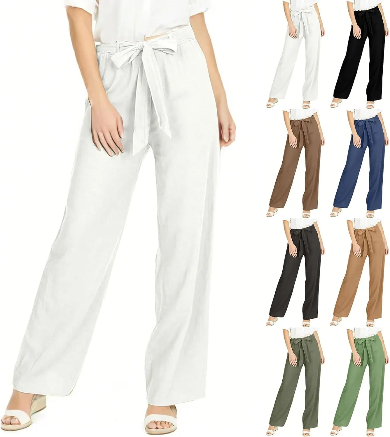 fanmpghleoo Linen Pants Women Summer Adjustable Tie Knot Straight Leg Trouser High Rise Lightweight Beach Pants with Pockets
