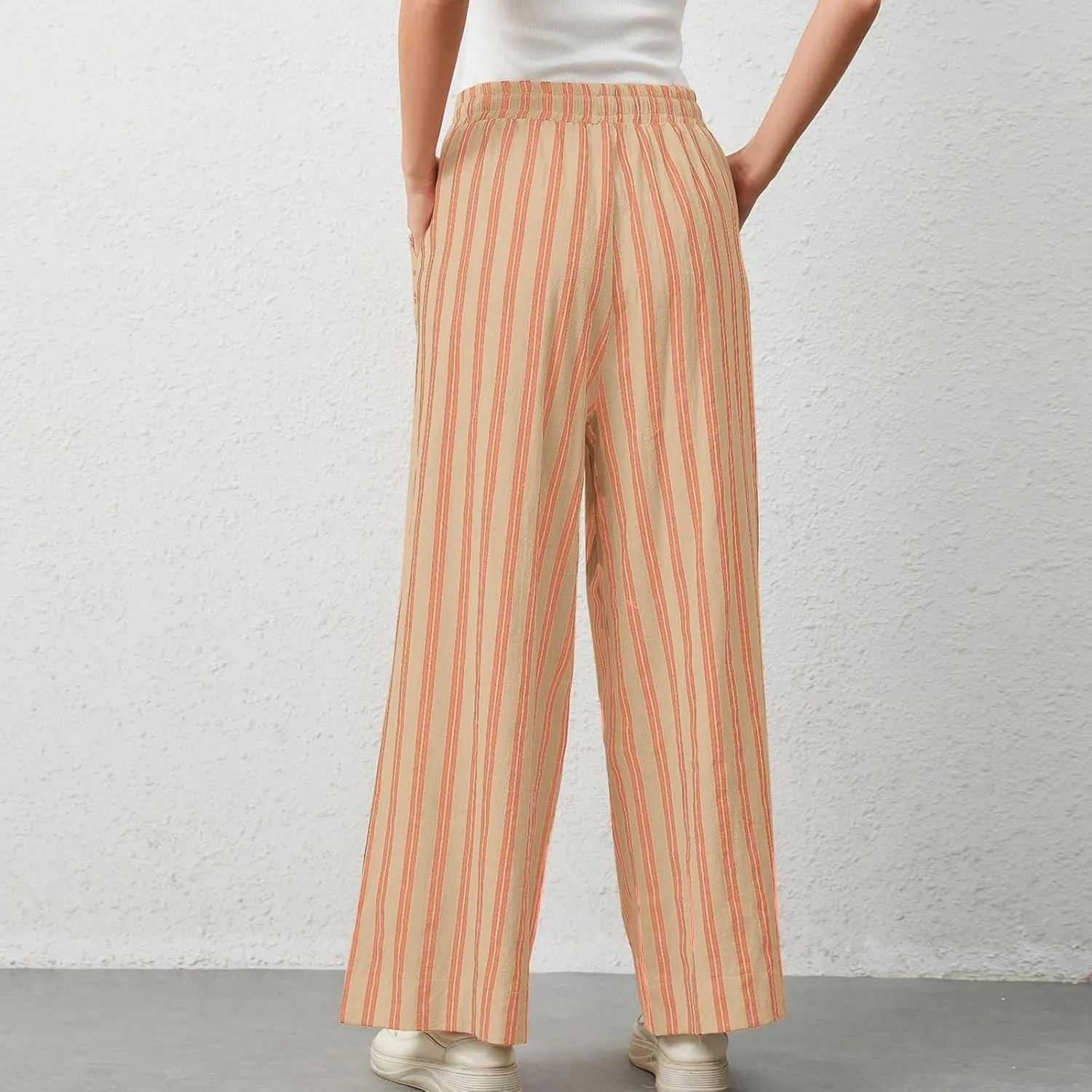 fanmpghleoo Linen Pants Women Summer Casual Drawstring Striped Palazzo Beach Pants Loose Wide Leg Linen Trousers with Pockets