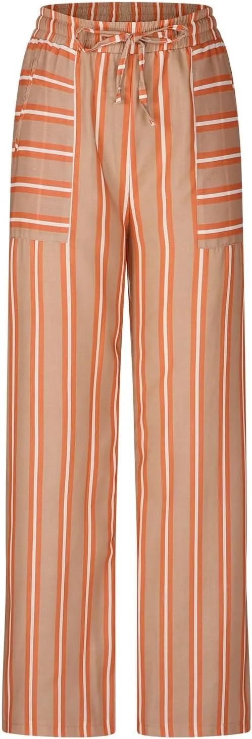 fanmpghleoo Linen Pants Women Summer Casual Drawstring Striped Palazzo Beach Pants Loose Wide Leg Linen Trousers with Pockets