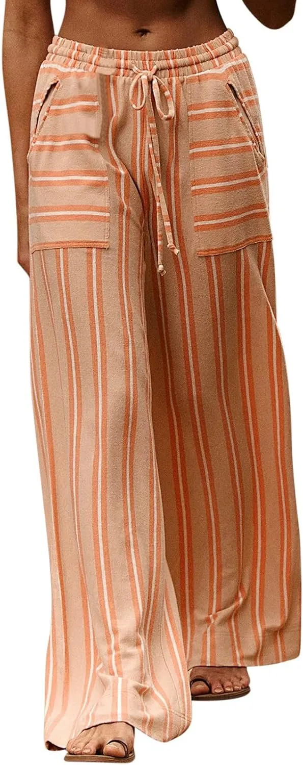 fanmpghleoo Linen Pants Women Summer Casual Drawstring Striped Palazzo Beach Pants Loose Wide Leg Linen Trousers with Pockets