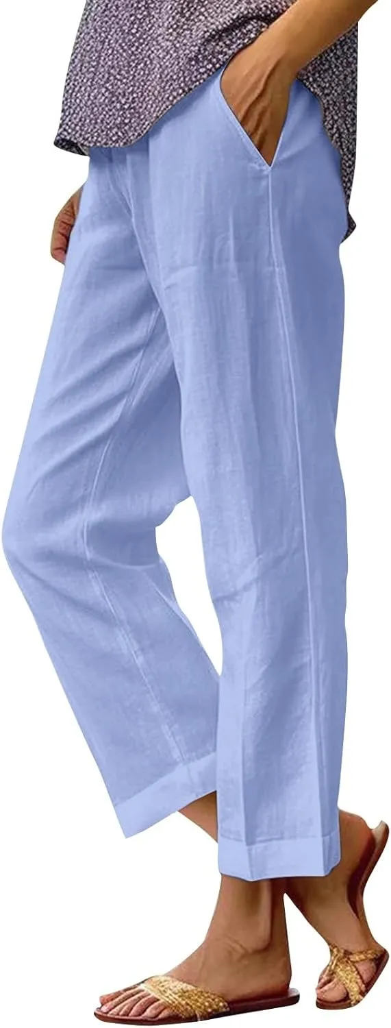 fanmpghleoo Women's Summer Casual Linen Pants Elastic Waist Loose Fit Straight Leg Crop Pants Beach Trousers with Pockets