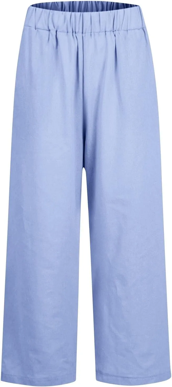 fanmpghleoo Women's Summer Casual Linen Pants Elastic Waist Loose Fit Straight Leg Crop Pants Beach Trousers with Pockets