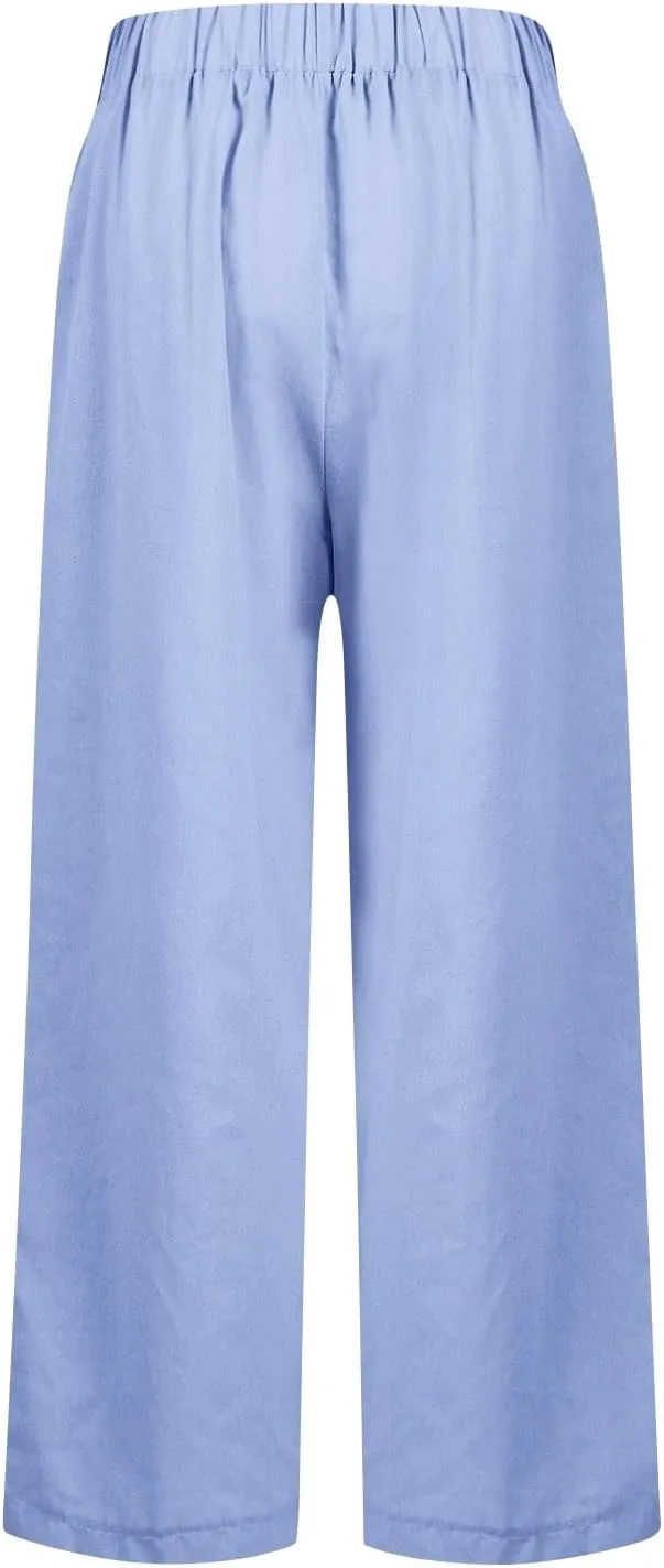 fanmpghleoo Women's Summer Casual Linen Pants Elastic Waist Loose Fit Straight Leg Crop Pants Beach Trousers with Pockets
