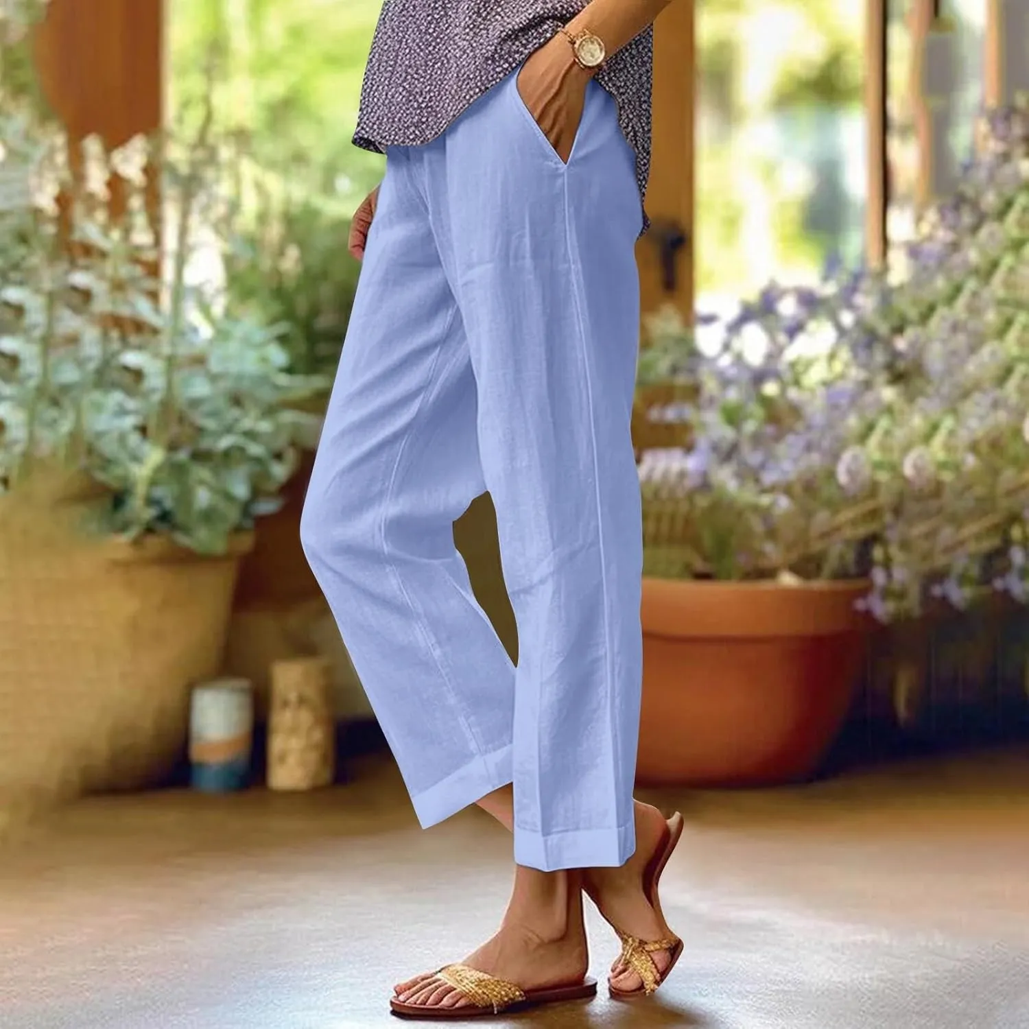 fanmpghleoo Women's Summer Casual Linen Pants Elastic Waist Loose Fit Straight Leg Crop Pants Beach Trousers with Pockets