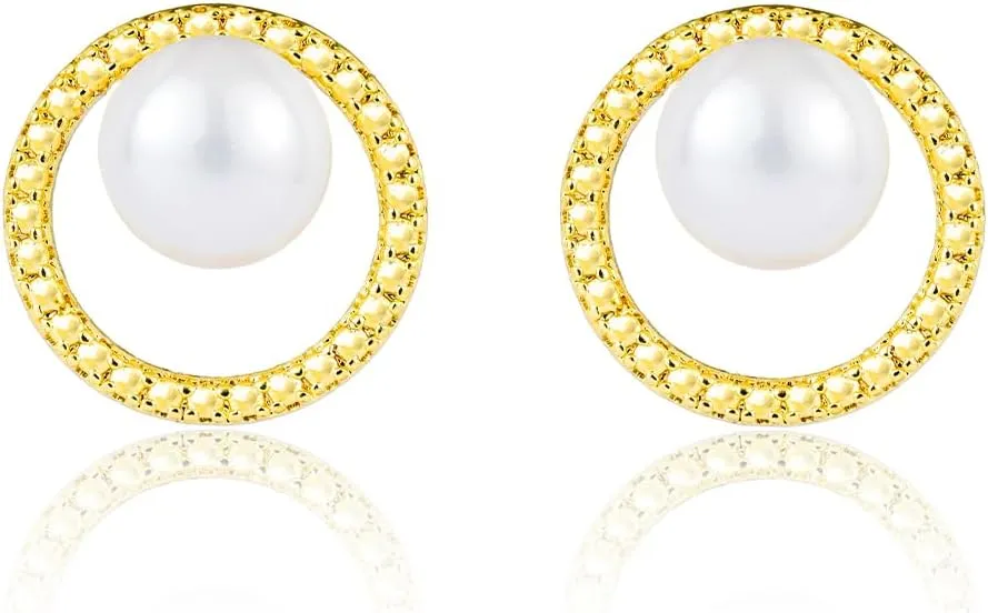 Fashion Ring 14K Gold Pearl Earrings, Fashion Ring with AAA  Quality 6.5mm~7mm Freshwater Cultured Pearls Stud Earrings for Women