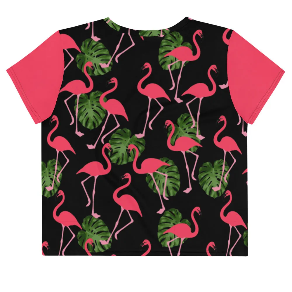 'Flamingos' all-over crop top (black)
