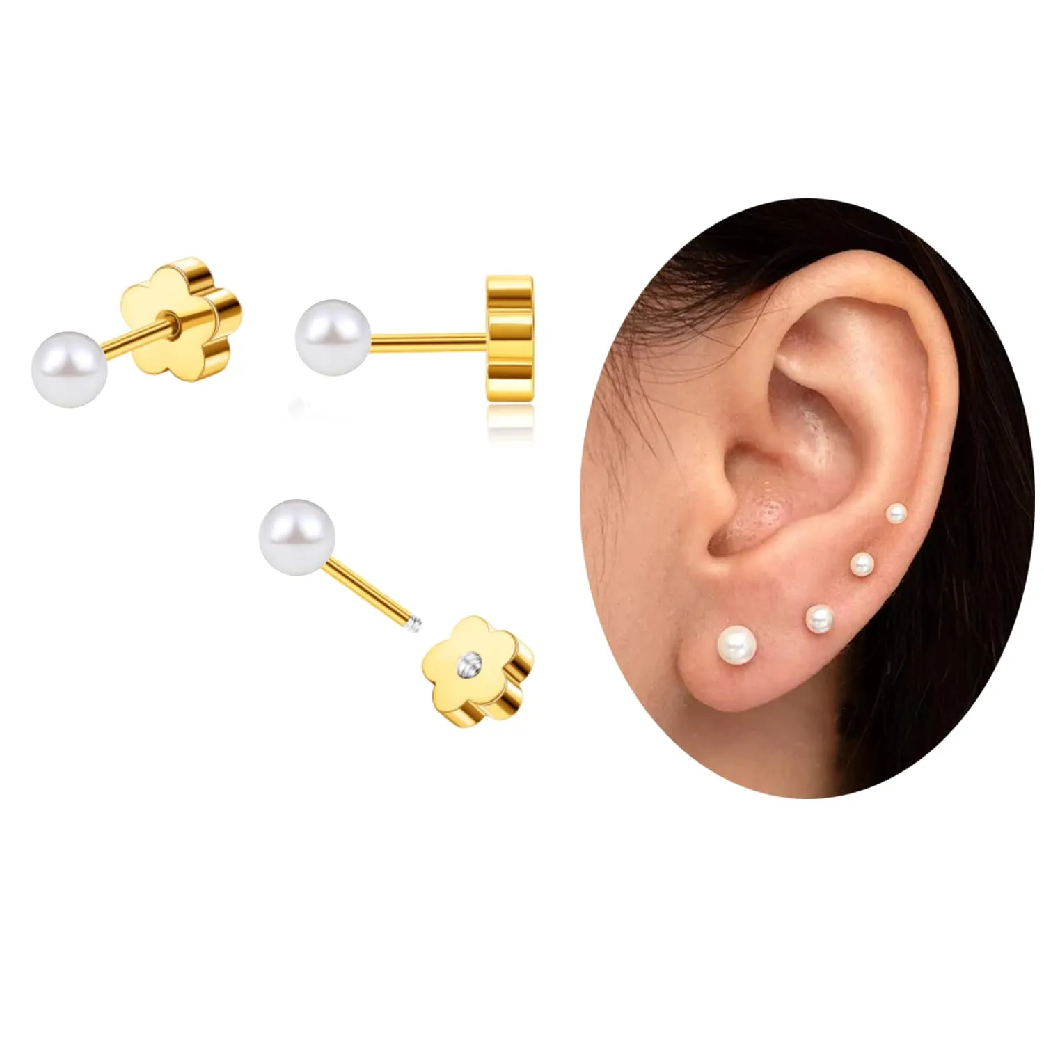 Flat Back Pearl Stud Earrings for Women Girls Stainless Steel Small Pearl Cartilage Earrings Hypoallergenic Pearl Screw Back Earrings for Sensitive Skin Helix Piercing Jewelry (3mm, Gold)