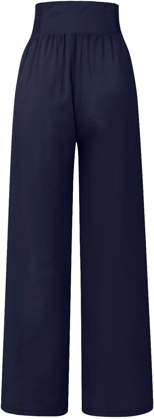 Flowy Pants for Women Summer Linen Pants Womens High Waisted Wide Leg Palazzo Pants Casual Cotton Yoga Pants with Pockets