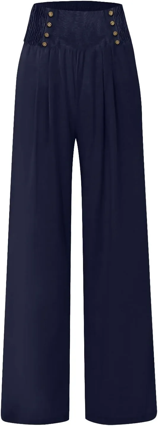 Flowy Pants for Women Summer Linen Pants Womens High Waisted Wide Leg Palazzo Pants Casual Cotton Yoga Pants with Pockets