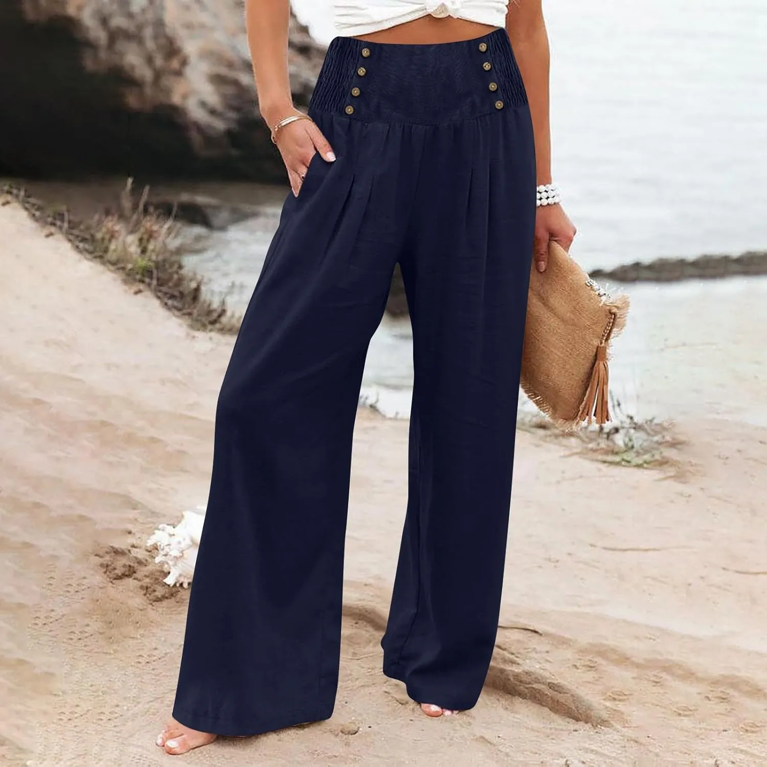 Flowy Pants for Women Summer Linen Pants Womens High Waisted Wide Leg Palazzo Pants Casual Cotton Yoga Pants with Pockets
