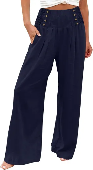 Flowy Pants for Women Summer Linen Pants Womens High Waisted Wide Leg Palazzo Pants Casual Cotton Yoga Pants with Pockets