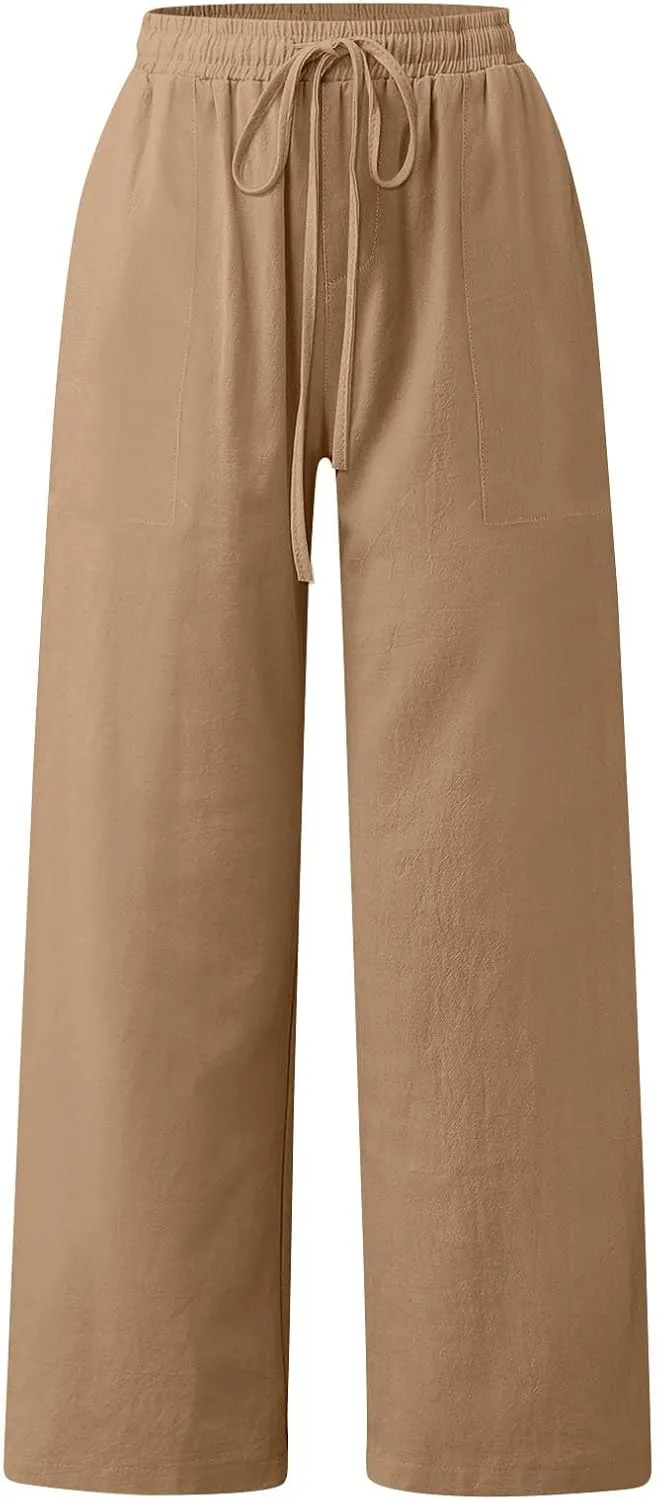 Flowy Pants for Women Workout, White Pants Trousers High Waisted Straight Leg Summer Linen Cotton Palazzo