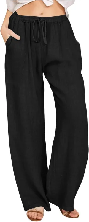 Flowy Pants for Women Workout, White Pants Trousers High Waisted Straight Leg Summer Linen Cotton Palazzo