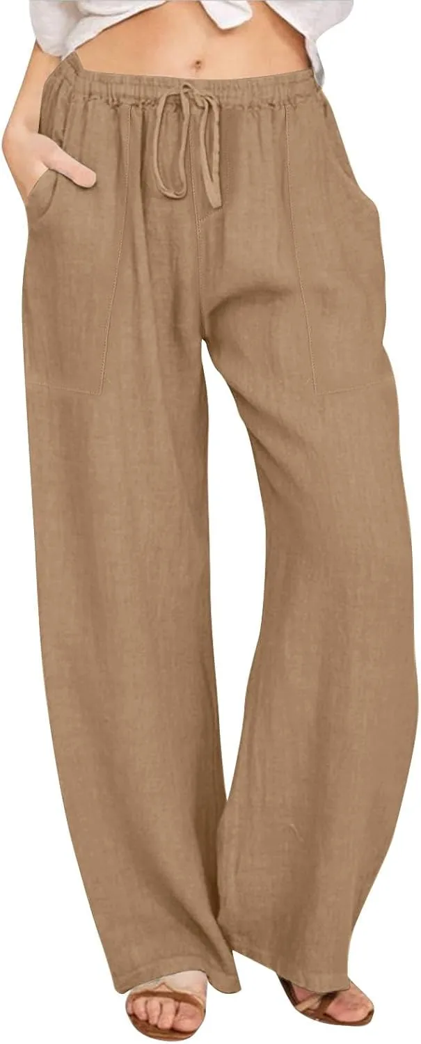 Flowy Pants for Women Workout, White Pants Trousers High Waisted Straight Leg Summer Linen Cotton Palazzo